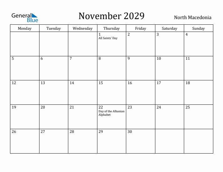 November 2029 Calendar North Macedonia