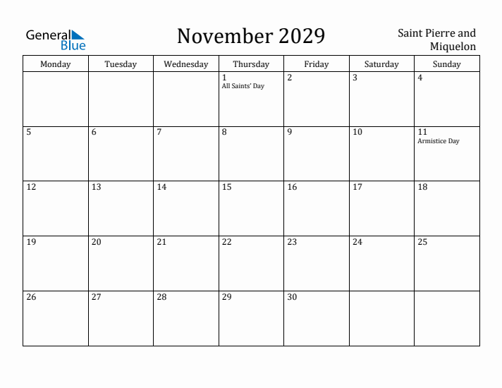 November 2029 Calendar Saint Pierre and Miquelon