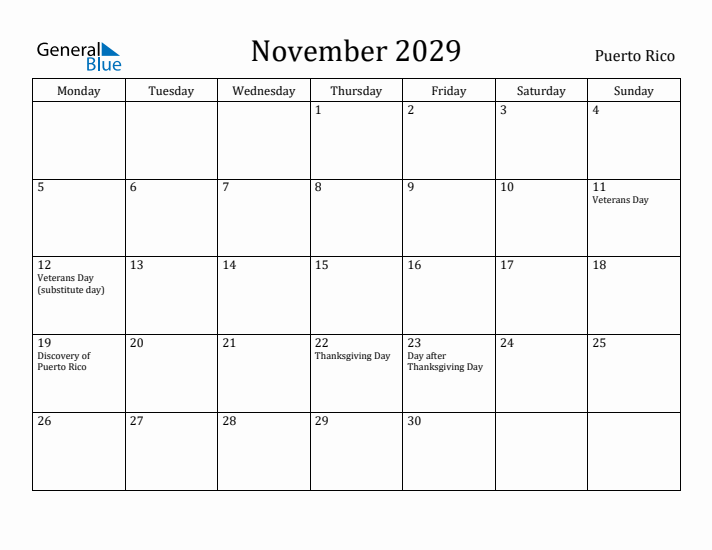November 2029 Calendar Puerto Rico