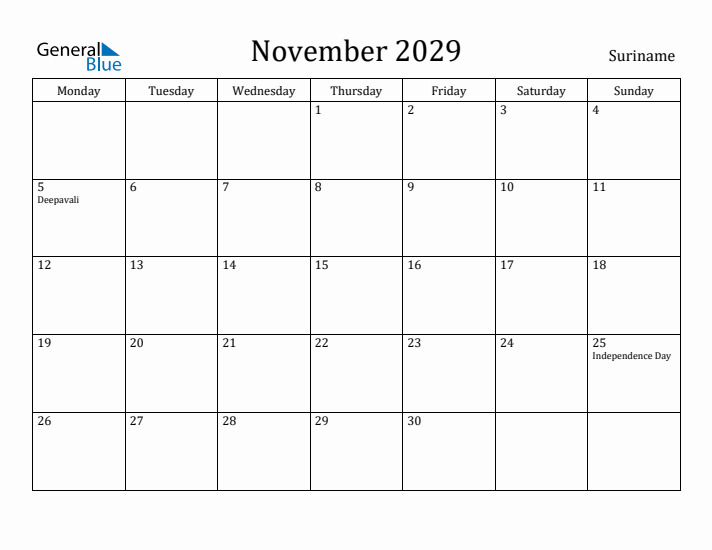 November 2029 Calendar Suriname