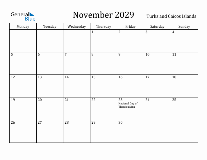 November 2029 Calendar Turks and Caicos Islands
