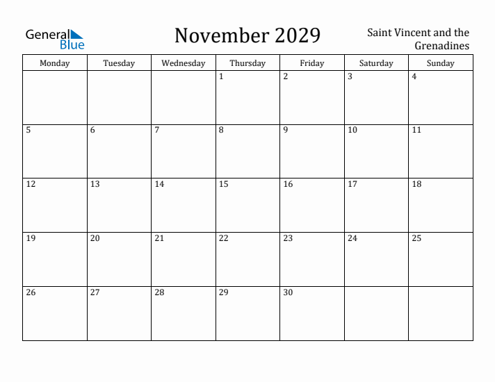 November 2029 Calendar Saint Vincent and the Grenadines