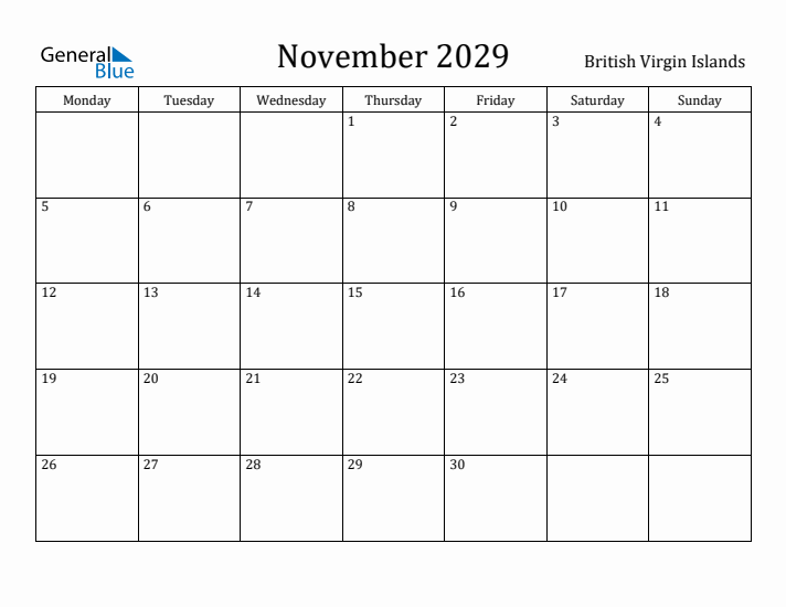 November 2029 Calendar British Virgin Islands