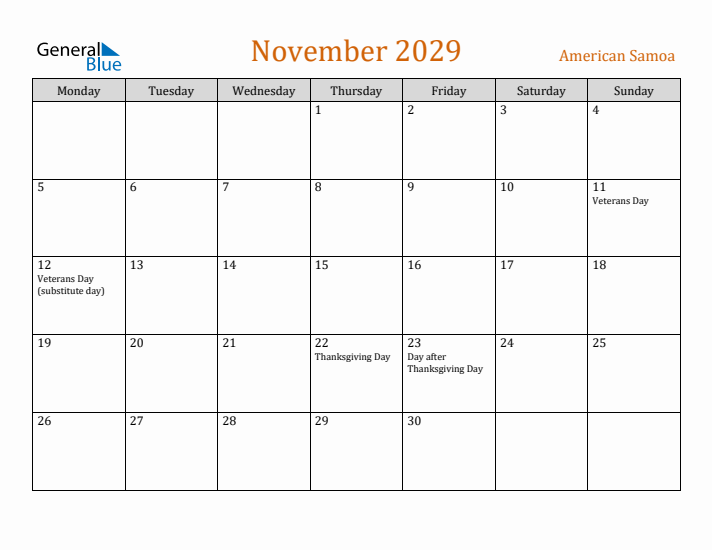November 2029 Holiday Calendar with Monday Start