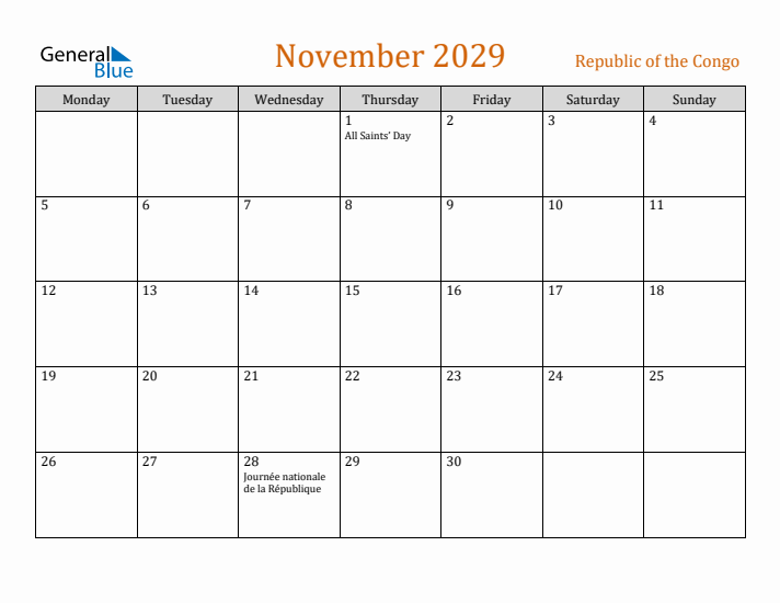 November 2029 Holiday Calendar with Monday Start