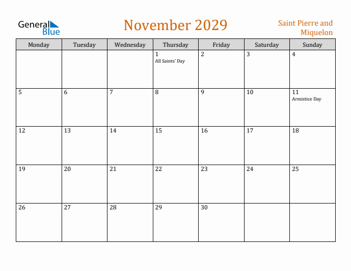 November 2029 Holiday Calendar with Monday Start