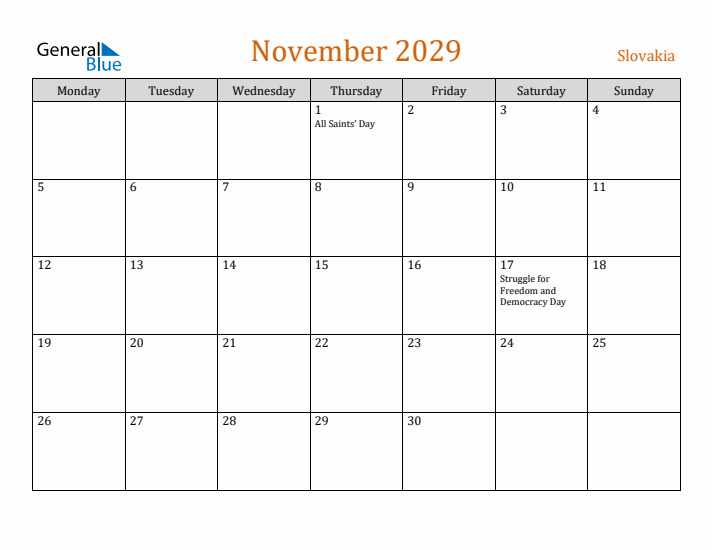 November 2029 Holiday Calendar with Monday Start