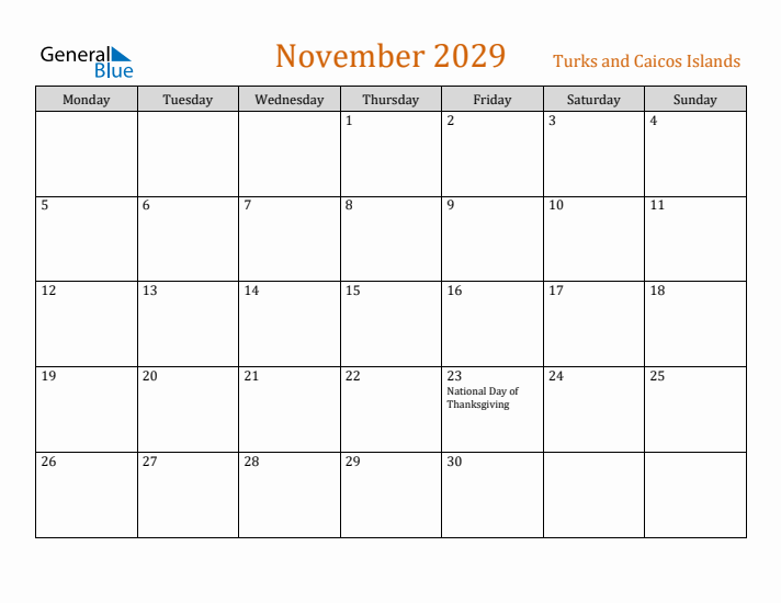 November 2029 Holiday Calendar with Monday Start