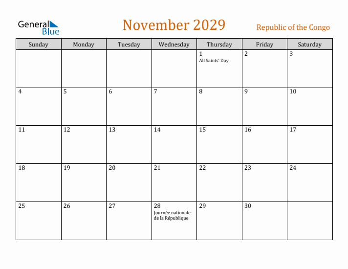 November 2029 Holiday Calendar with Sunday Start