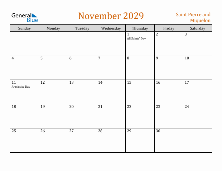 November 2029 Holiday Calendar with Sunday Start