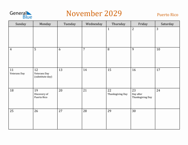 November 2029 Holiday Calendar with Sunday Start