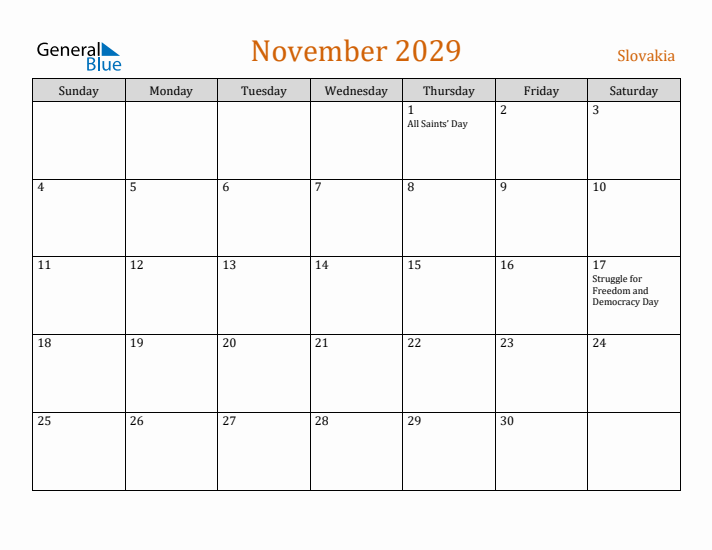 November 2029 Holiday Calendar with Sunday Start