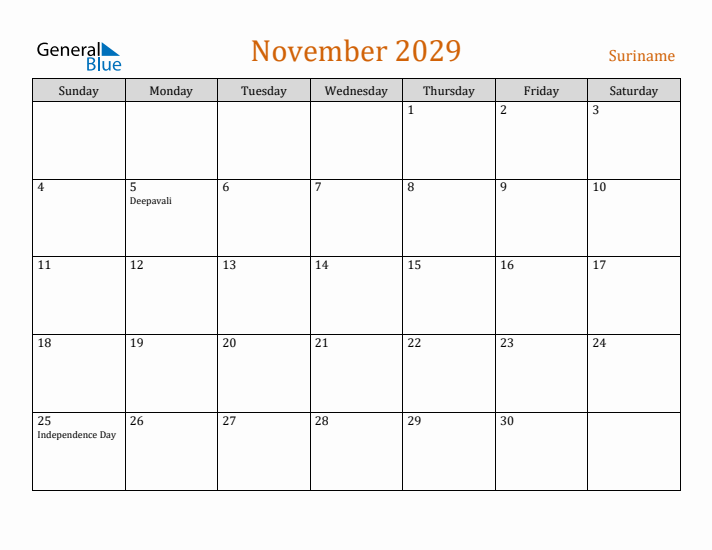 November 2029 Holiday Calendar with Sunday Start