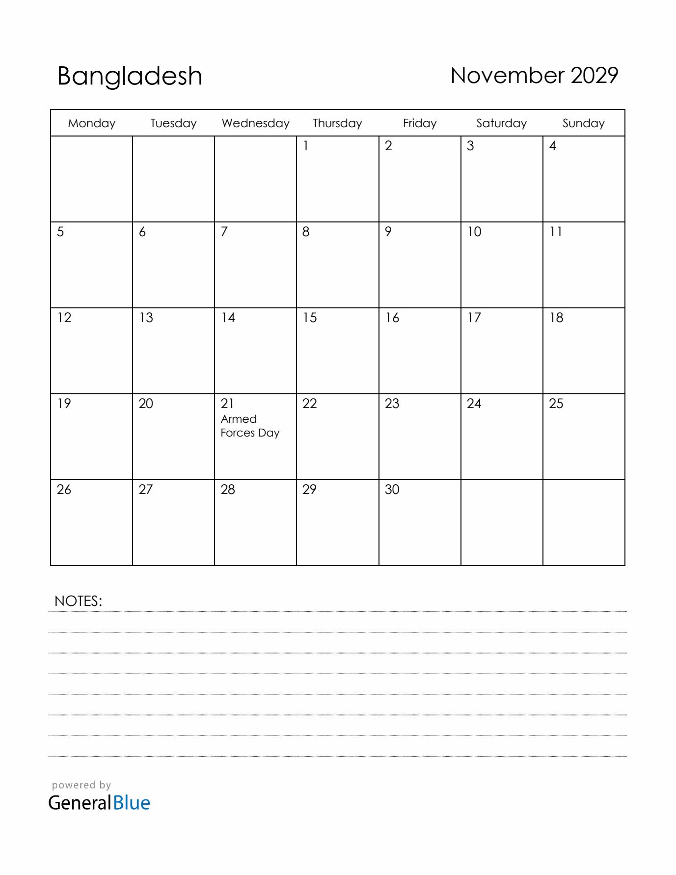 November 2029 Bangladesh Calendar with Holidays (Monday Start)