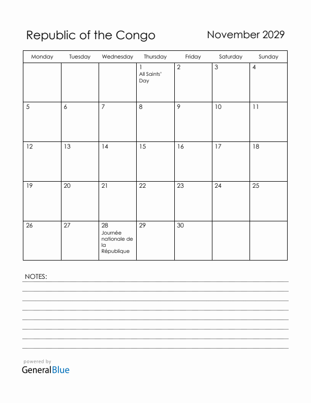November 2029 Republic of the Congo Calendar with Holidays (Monday Start)