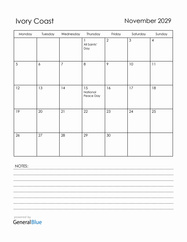 November 2029 Ivory Coast Calendar with Holidays (Monday Start)