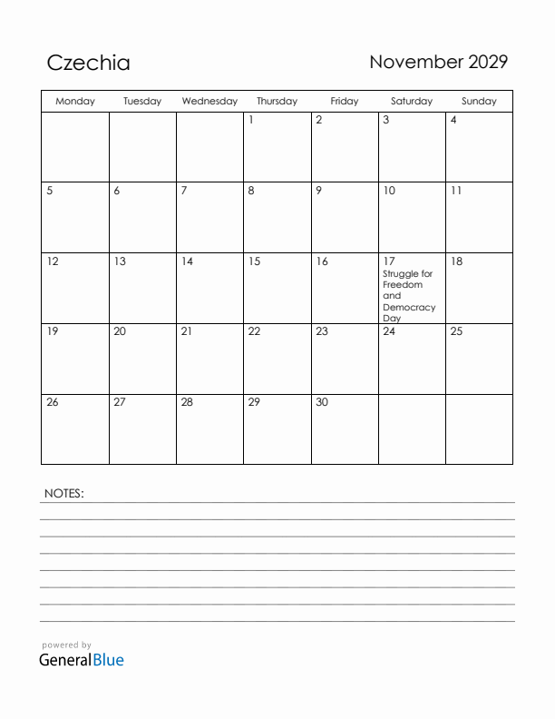 November 2029 Czechia Calendar with Holidays (Monday Start)