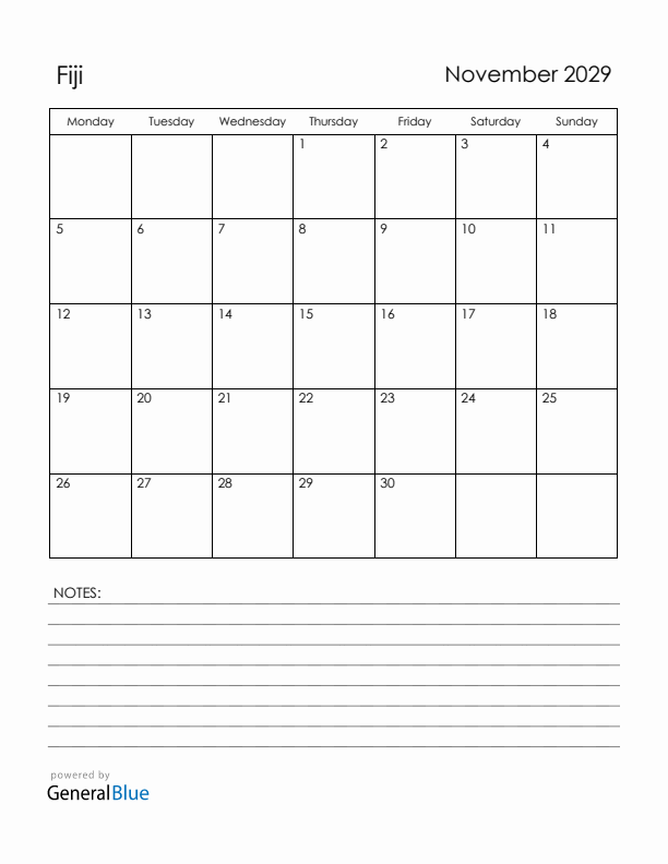 November 2029 Fiji Calendar with Holidays (Monday Start)