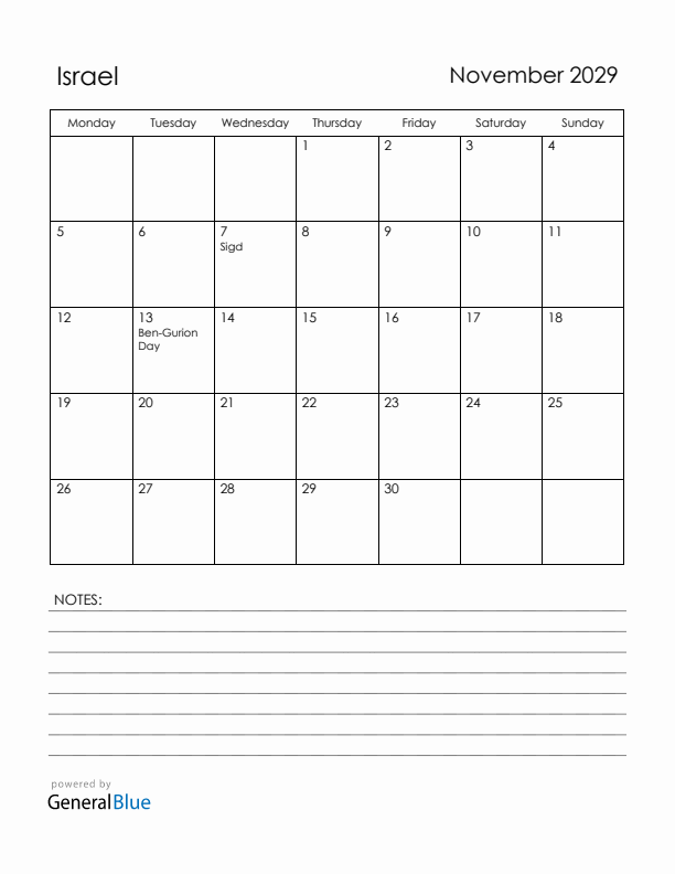 November 2029 Israel Calendar with Holidays (Monday Start)