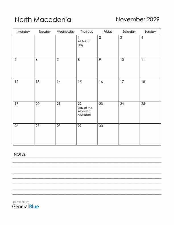 November 2029 North Macedonia Calendar with Holidays (Monday Start)