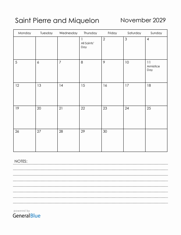 November 2029 Saint Pierre and Miquelon Calendar with Holidays (Monday Start)