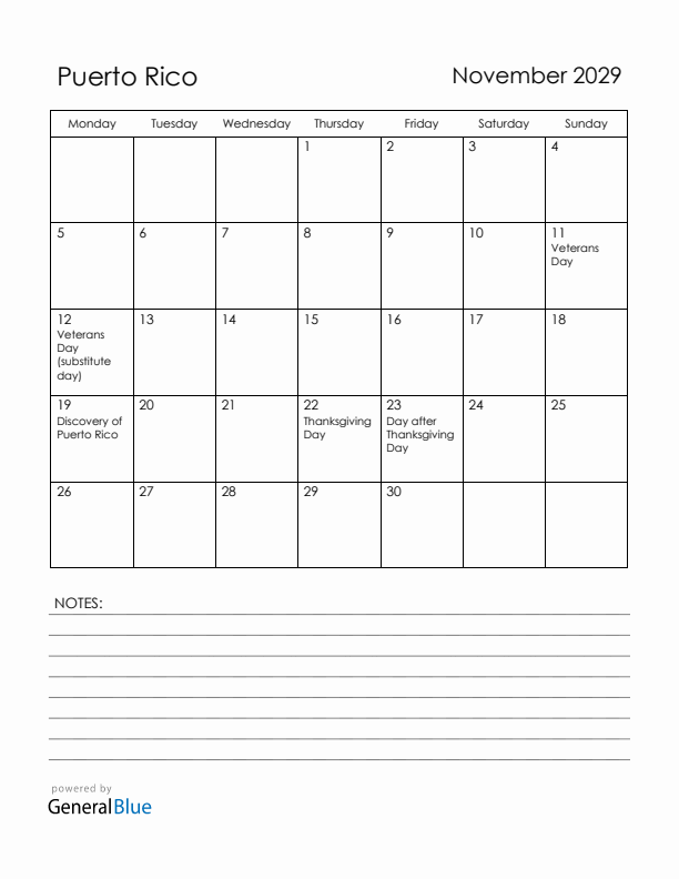 November 2029 Puerto Rico Calendar with Holidays (Monday Start)