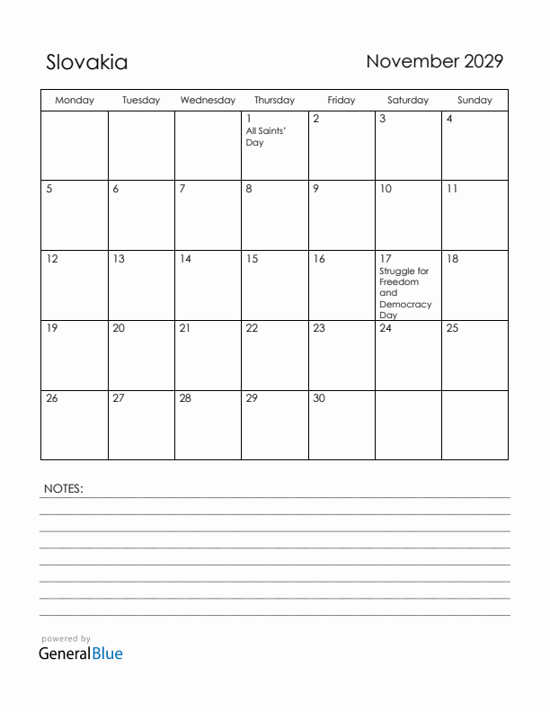 November 2029 Slovakia Calendar with Holidays (Monday Start)