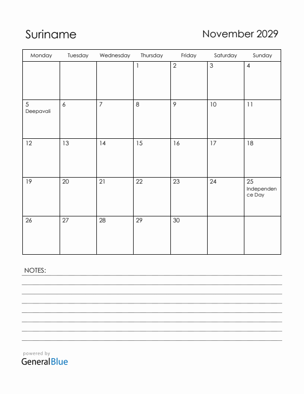 November 2029 Suriname Calendar with Holidays (Monday Start)