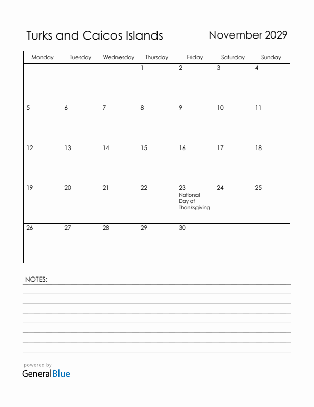 November 2029 Turks and Caicos Islands Calendar with Holidays (Monday Start)