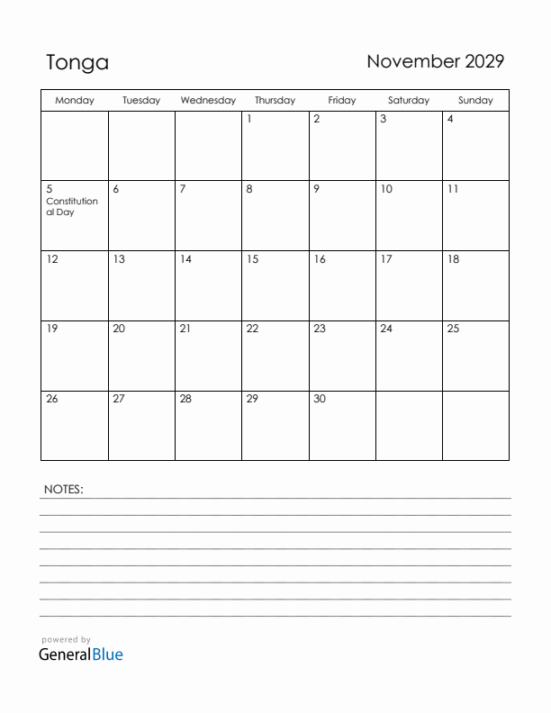 November 2029 Tonga Calendar with Holidays (Monday Start)