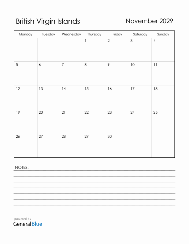 November 2029 British Virgin Islands Calendar with Holidays (Monday Start)