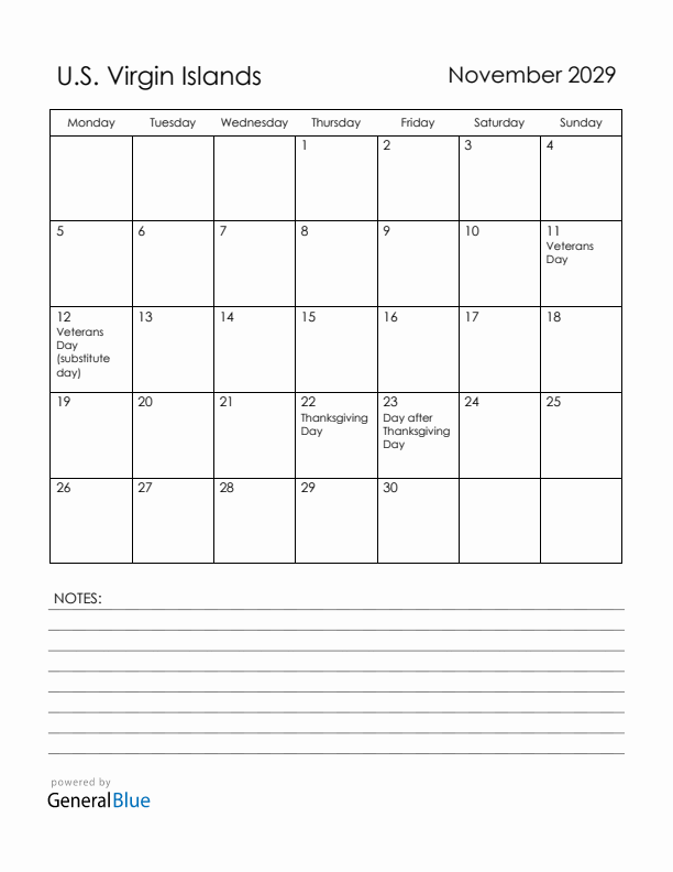 November 2029 U.S. Virgin Islands Calendar with Holidays (Monday Start)