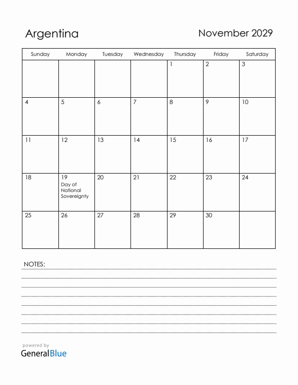 November 2029 Argentina Calendar with Holidays (Sunday Start)