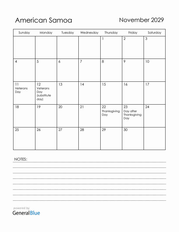 November 2029 American Samoa Calendar with Holidays (Sunday Start)
