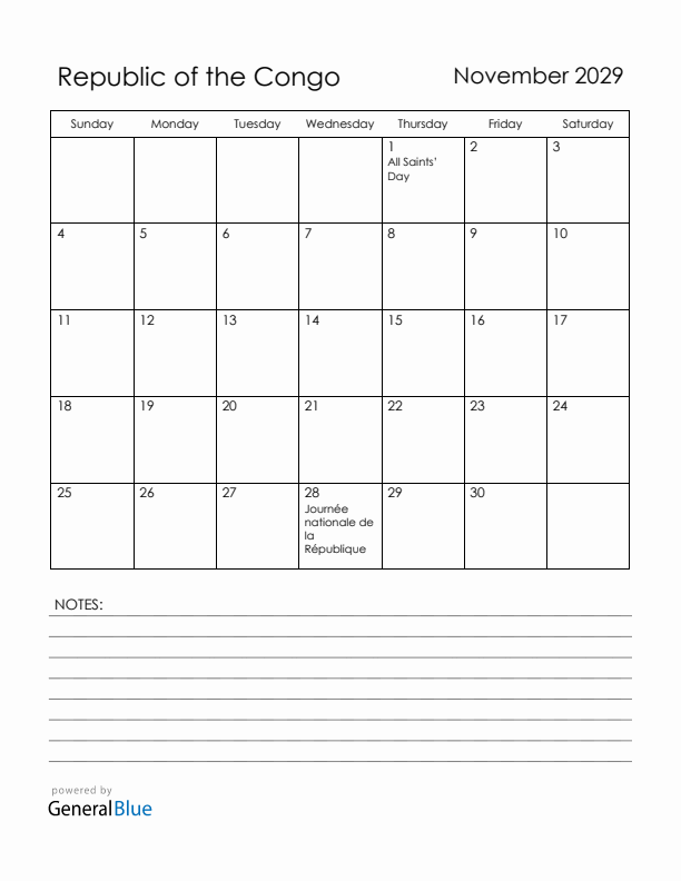 November 2029 Republic of the Congo Calendar with Holidays (Sunday Start)