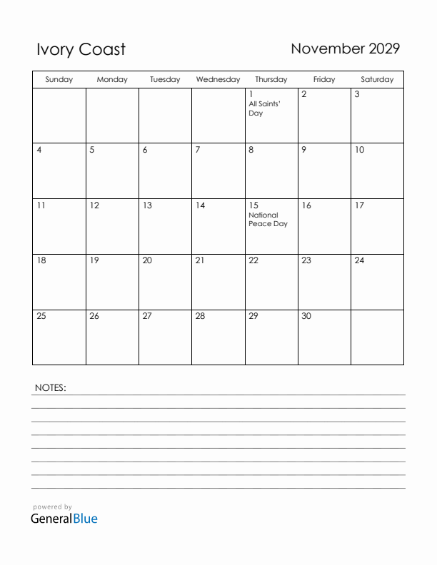 November 2029 Ivory Coast Calendar with Holidays (Sunday Start)