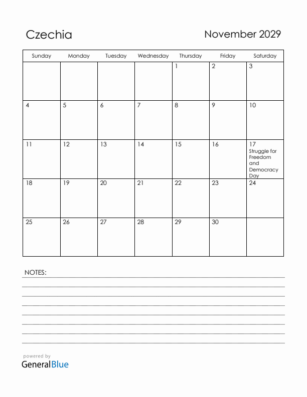 November 2029 Czechia Calendar with Holidays (Sunday Start)