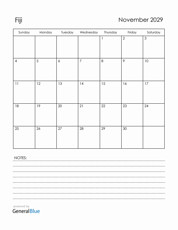 November 2029 Fiji Calendar with Holidays (Sunday Start)