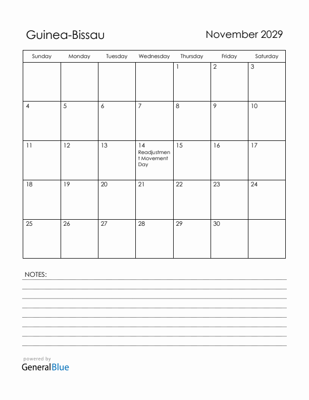 November 2029 Guinea-Bissau Calendar with Holidays (Sunday Start)
