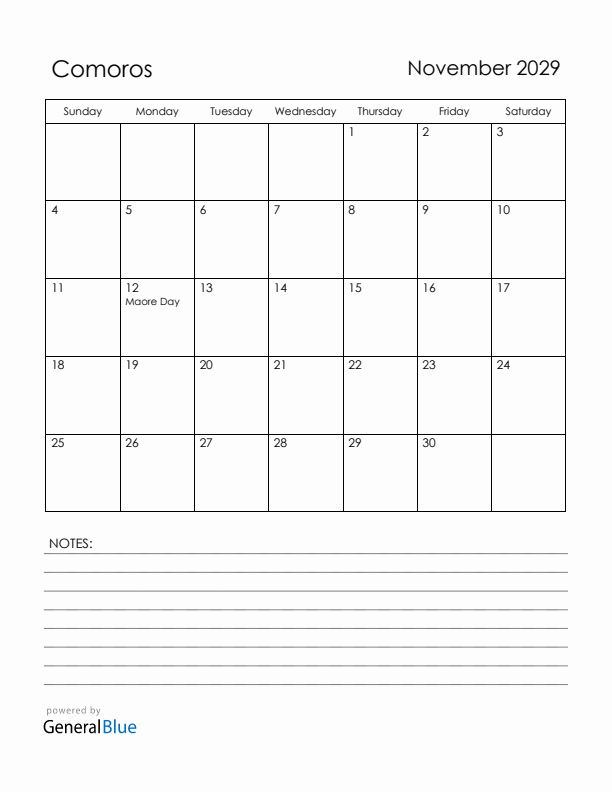 November 2029 Comoros Calendar with Holidays (Sunday Start)