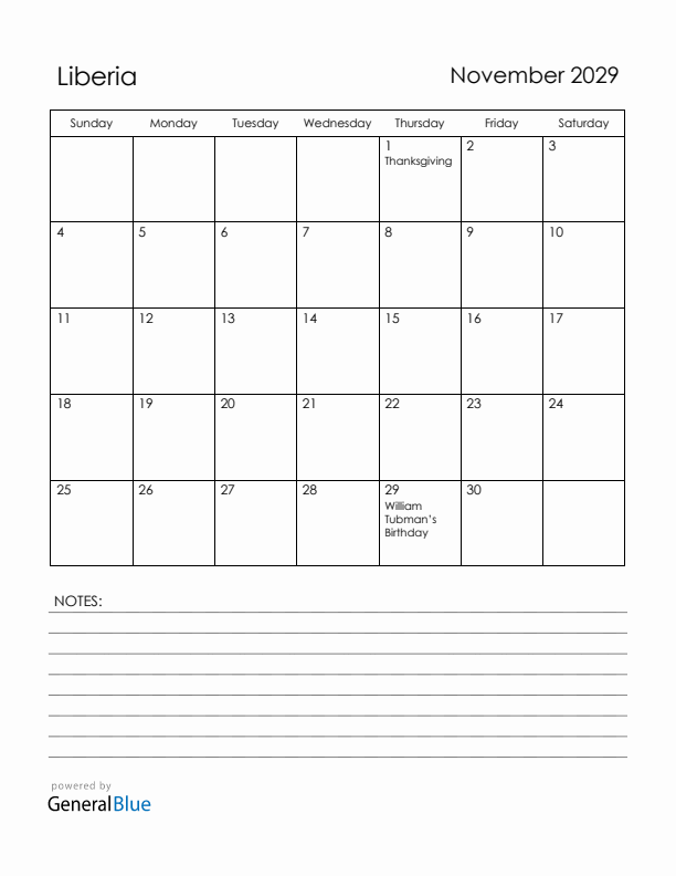 November 2029 Liberia Calendar with Holidays (Sunday Start)