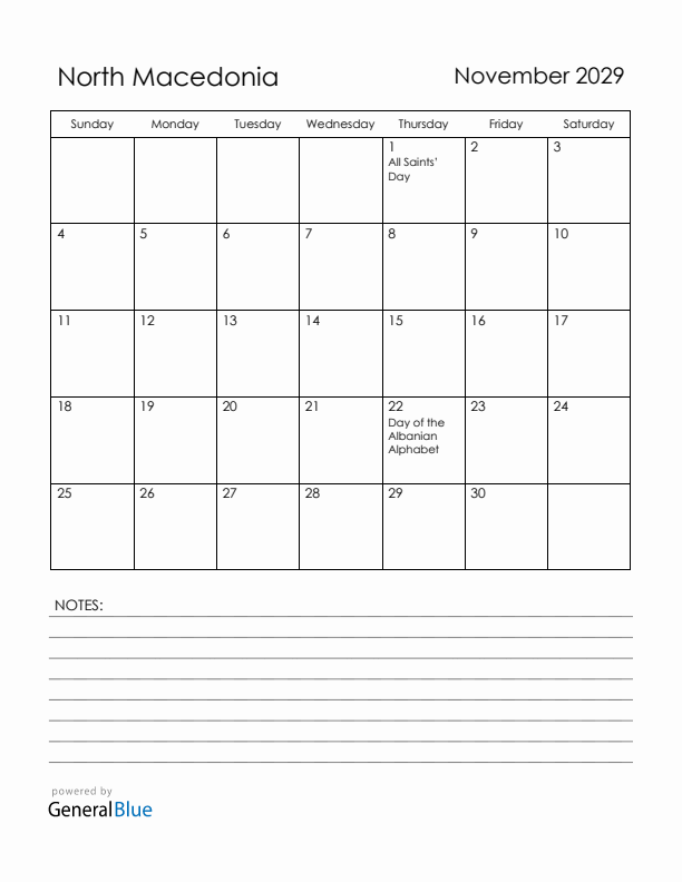 November 2029 North Macedonia Calendar with Holidays (Sunday Start)