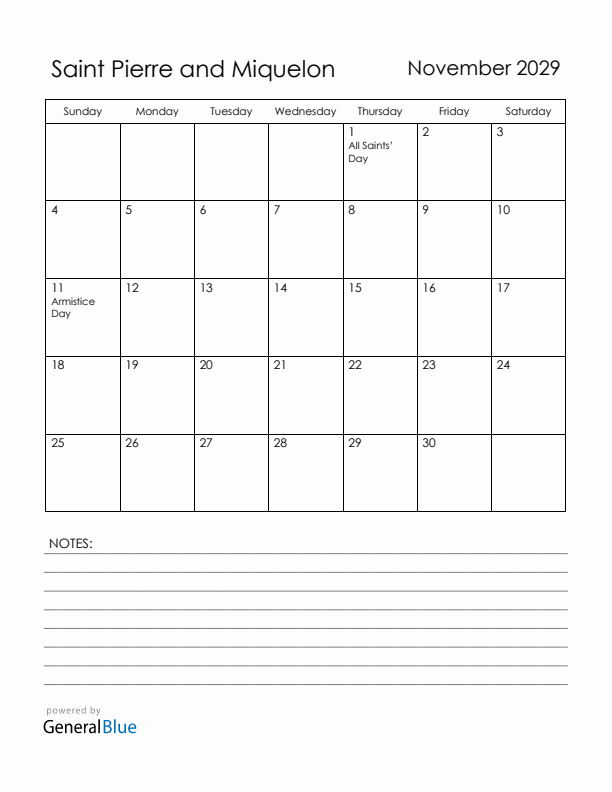 November 2029 Saint Pierre and Miquelon Calendar with Holidays (Sunday Start)