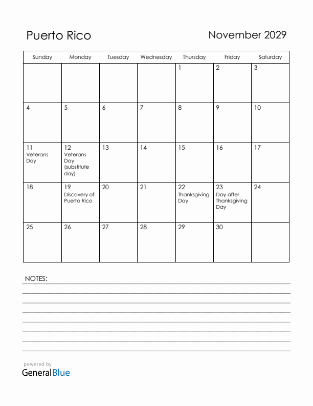 November 2029 Puerto Rico Calendar with Holidays (Sunday Start)