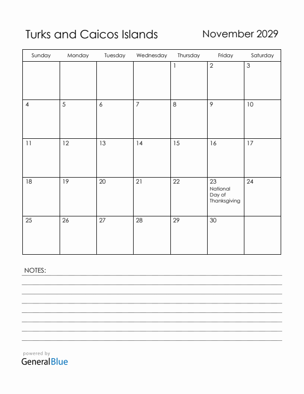 November 2029 Turks and Caicos Islands Calendar with Holidays (Sunday Start)