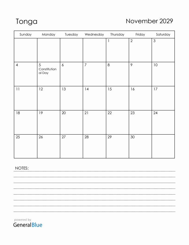 November 2029 Tonga Calendar with Holidays (Sunday Start)