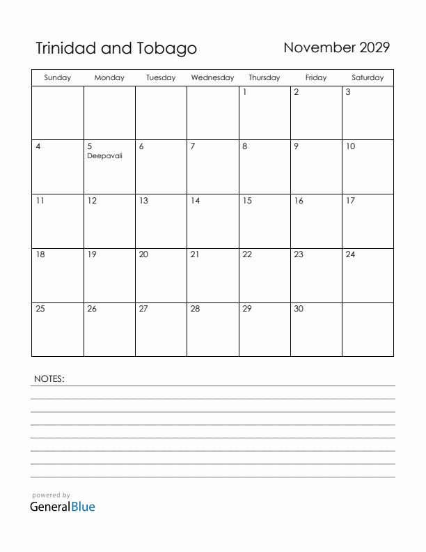 November 2029 Trinidad and Tobago Calendar with Holidays (Sunday Start)