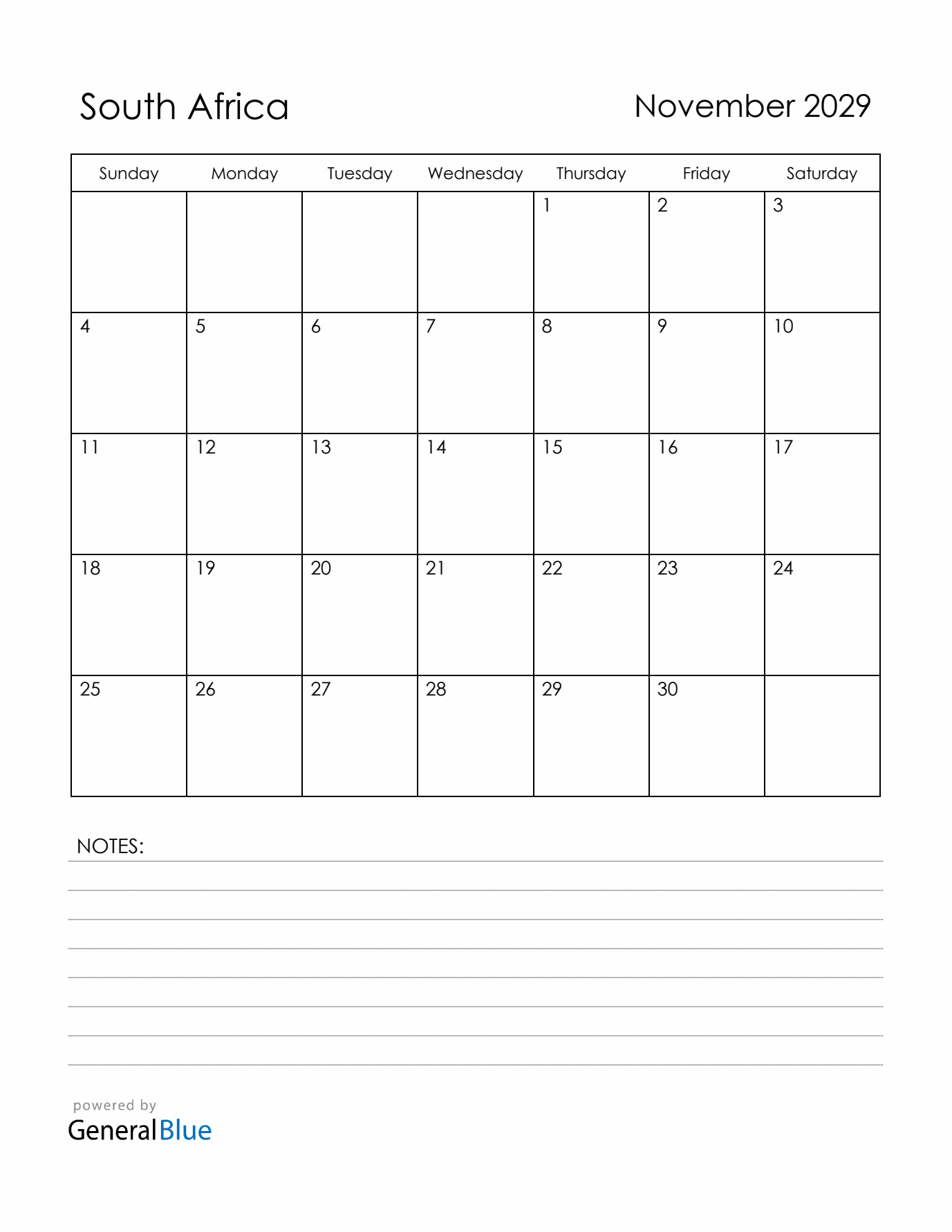 November 2029 South Africa Calendar with Holidays (Sunday Start)