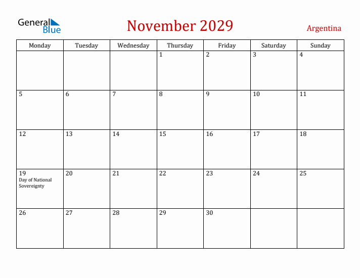 Argentina November 2029 Calendar - Monday Start