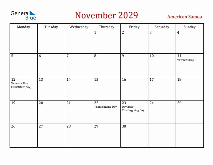 American Samoa November 2029 Calendar - Monday Start